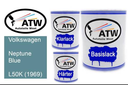 Volkswagen, Neptune Blue, L50K (1969): 1L Lackdose + 1L Klarlack + 500ml Härter - Set, von ATW Autoteile West.